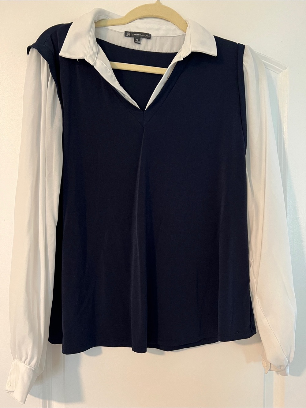 Adrianna Papell Navy and White Collared Layered Blouse